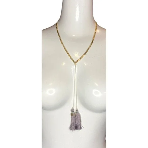 Fairy Whimsy necklace choker Gold tone beads purple tassel accent bolo style - Picture 3 of 9